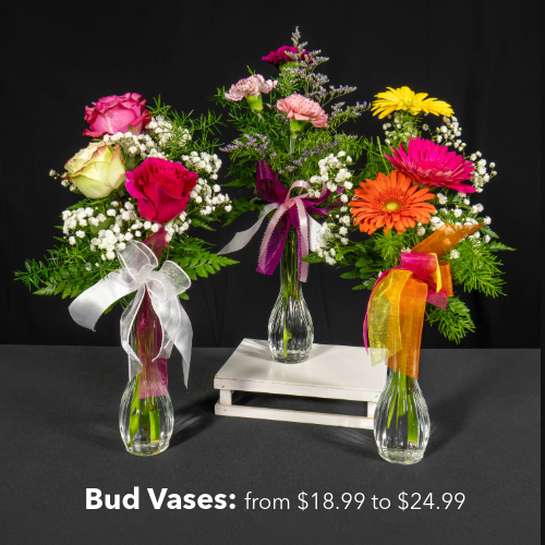 Assorted bud vases priced from $18.99 to $24.99