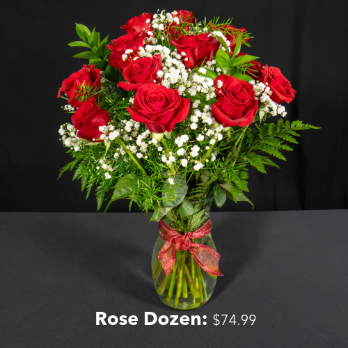 Dozen roses arranged in a vase. Priced at $74.99