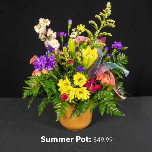 Summer pot flower arrangement priced at $49.99.